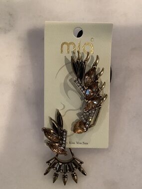 MIA Gold-Tone Brown Crystal Ear Cuffs with Smoky Accents, Brand New